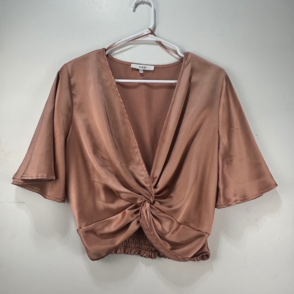 RO&DE Copper Satin Twist Front Crop Top Short Flutter Sleeve V-Neck Small
